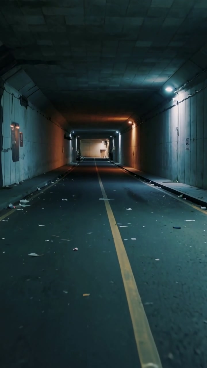 Vertical video: Moving camera advancing down underpass toward lit exit with yellow line and lights