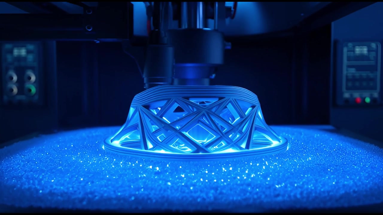 Industrial Laser Sintering 3D Printer Creating a Complex Geometric Object