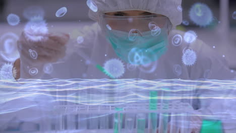 animación del virus de la corona con un científico en el fondo