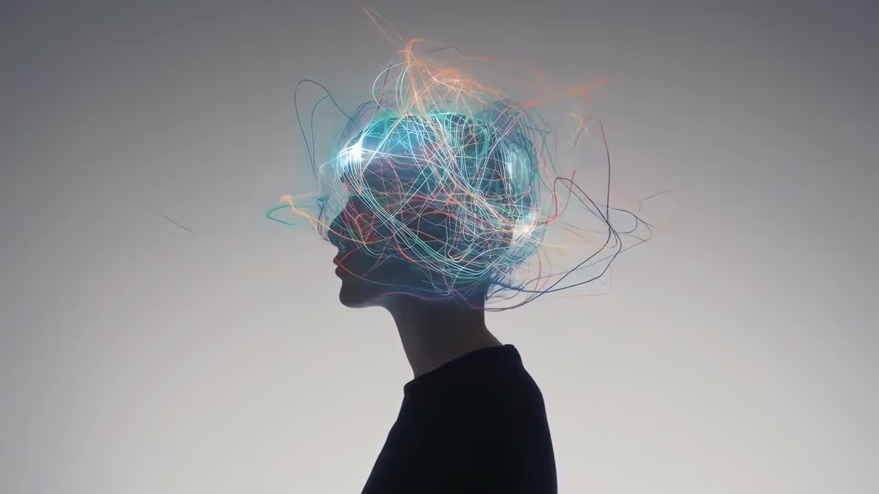 Video di profilo laterale di una persona con scie luminose astratte intorno alla testa, stile artistico.