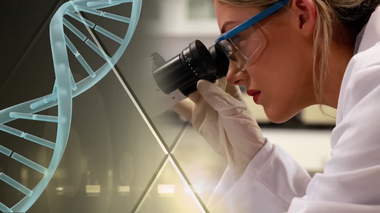 실험실에서 여성 과학자 위에 회전하는 dna 가닥의 애니메이션