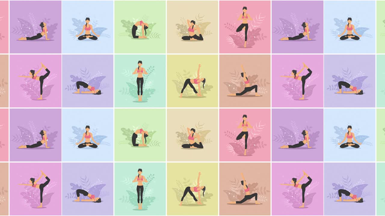 자연에서 요가 운동: 다양한 요가 자세를 보여주는 여성 만화 캐릭터 컬렉션, 다채로운 평평한 루프 애니메이션, 휴식 및 명상.