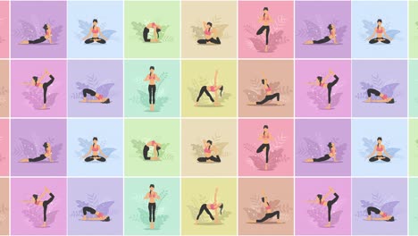 yoga exercise in nature. collection of female cartoon character demonstrating various yoga position. colorful flat loop animation. relax and meditate.