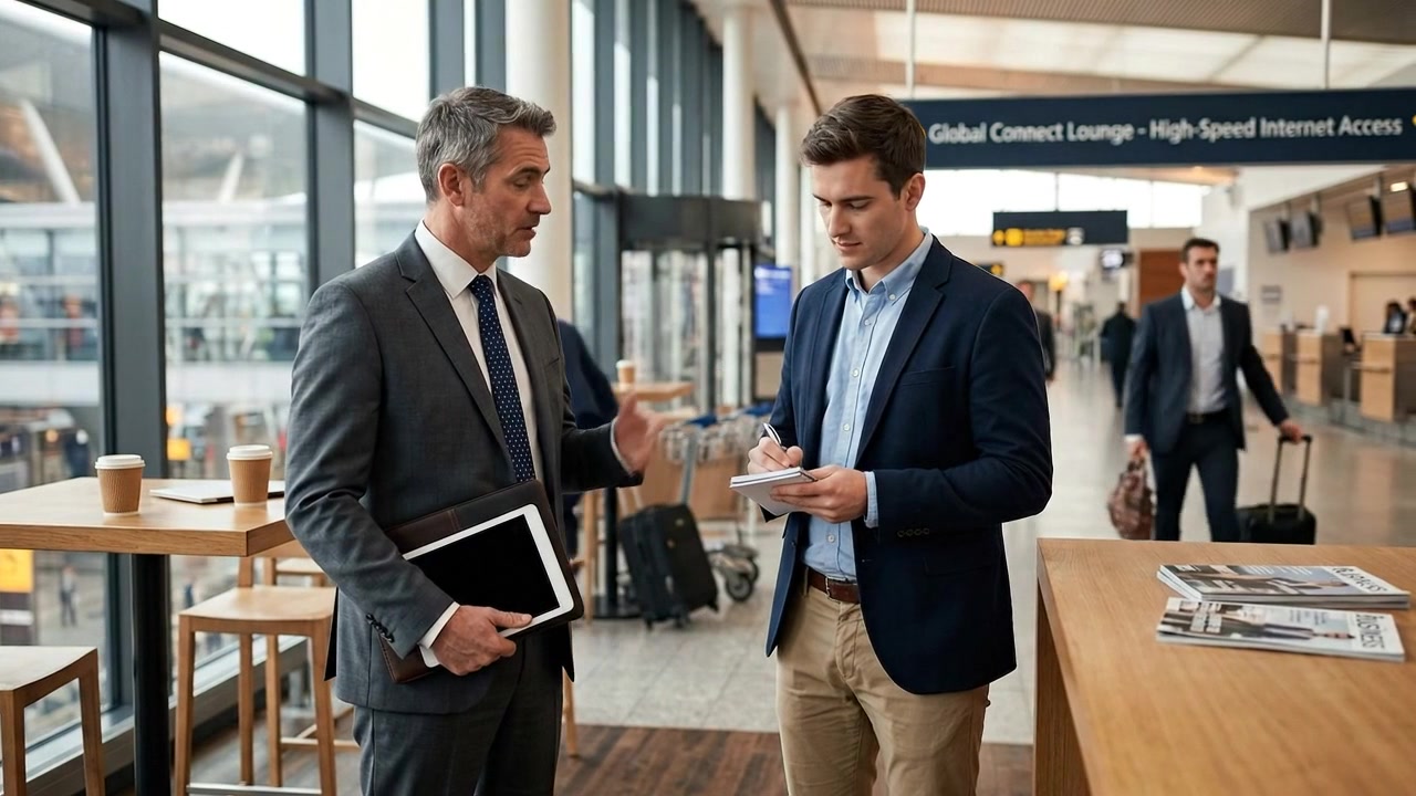 Professionisti d'affari che discutono di lavoro in un moderno ambiente di viaggio aeroportuale.