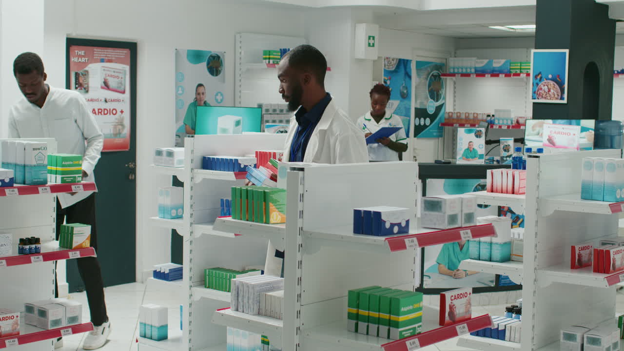 Interno di farmacia con farmacisti e clienti