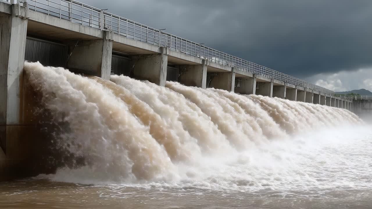 Turbulent Water Flow Through a Dam Structure Under Overcast Skies: A Study of Hydraulic Dynamics and Environmental Impact