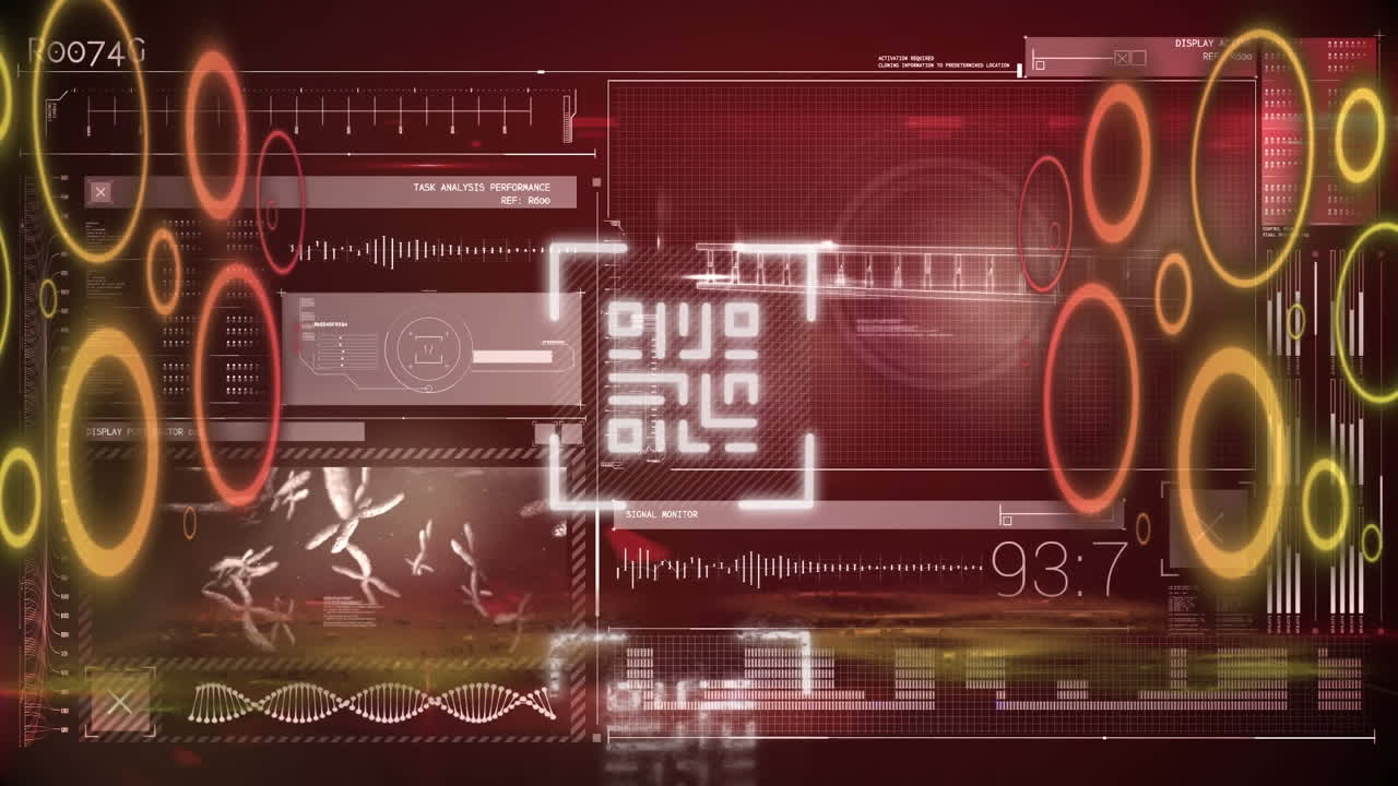 Digital animation of glowing qr code and neon circles over digital interface with data processing