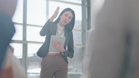 Presentation,-tradeshow-and-woman-with-question