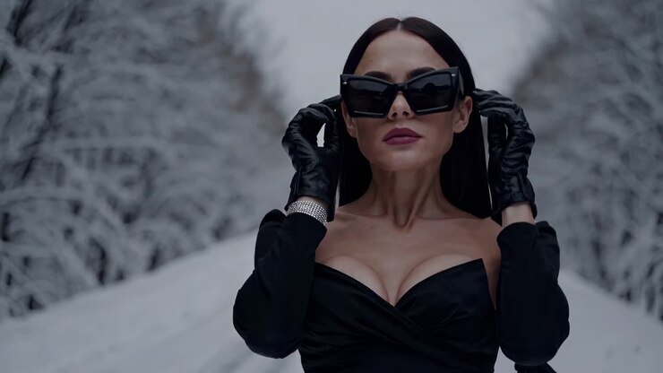 Donna elegante in abito nero all'aperto