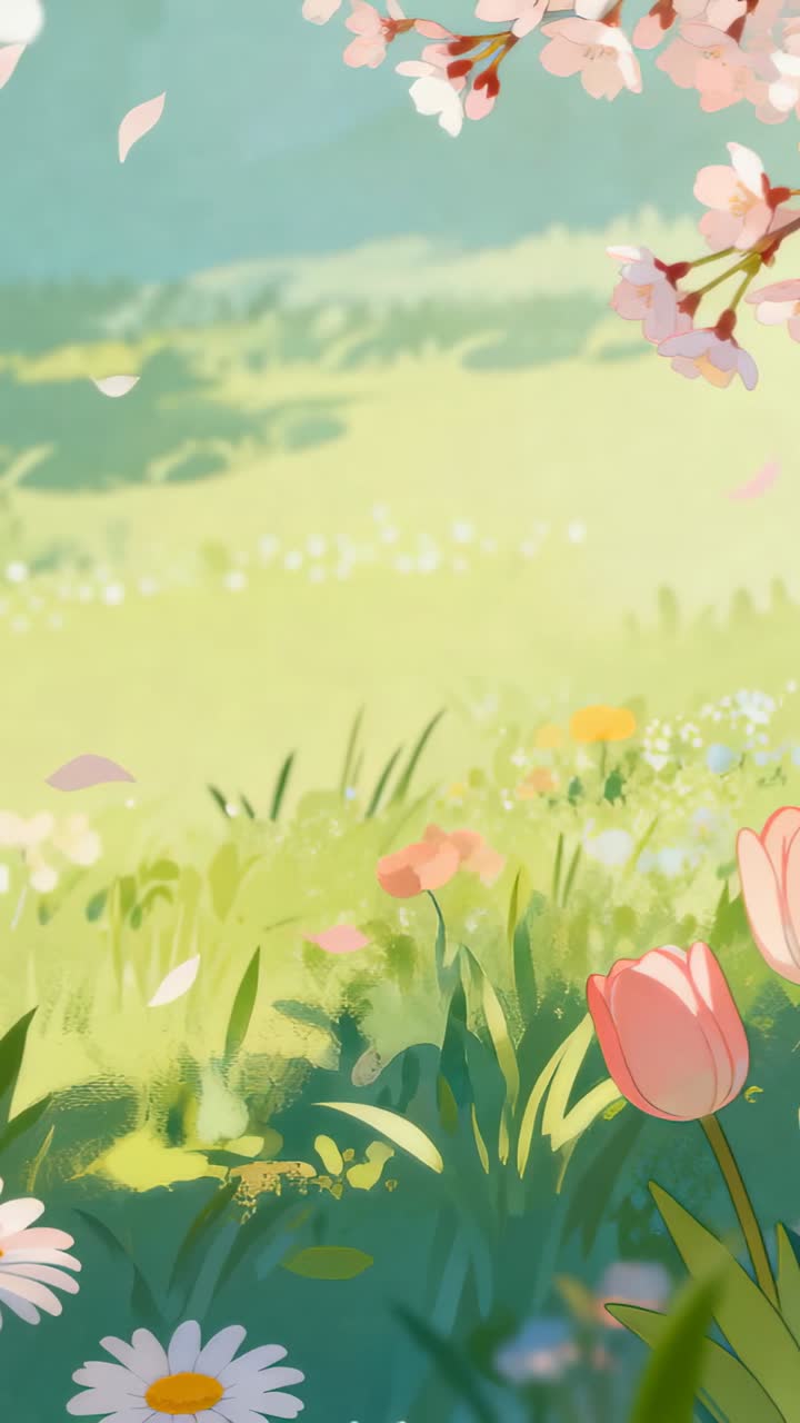 Vertical video: Swaying tulips and daisy, cherry branch losing petals in meadow as breeze moving