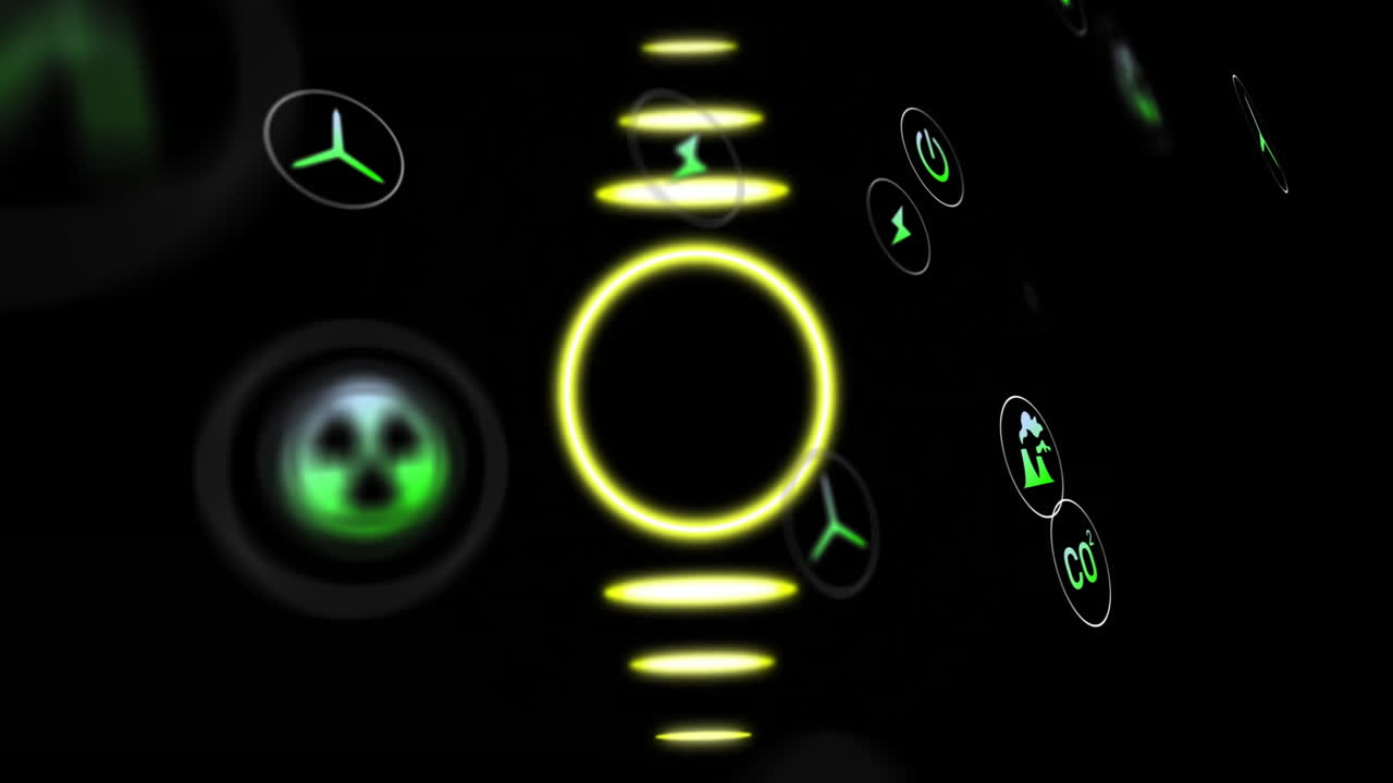 Central glowing yellow ring floating in dark space, highlighting energy icons near horizontal discs