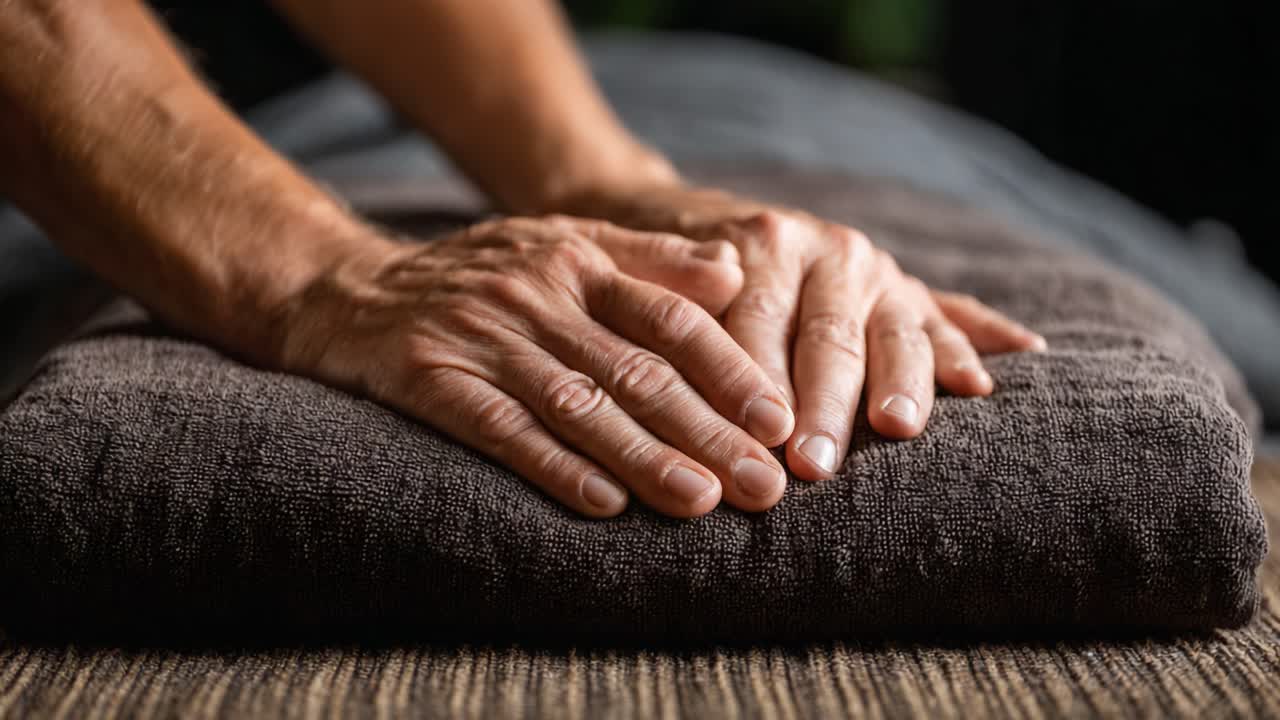 En detaljeret udforskning af hænder, der forbereder et blødt håndklæde til en afslappende massageoplevelse, der fremhæver ro og omsorg i kunsten at slappe af