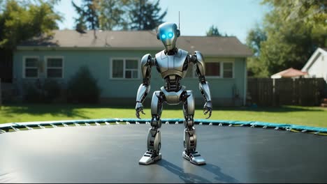 robot on trampoline in backyard