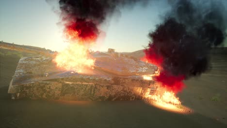 burned tank in the desert at sunset