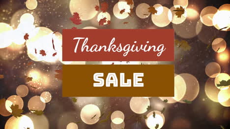 thanksgiving sale text banner against maple leaves floating and spots of light