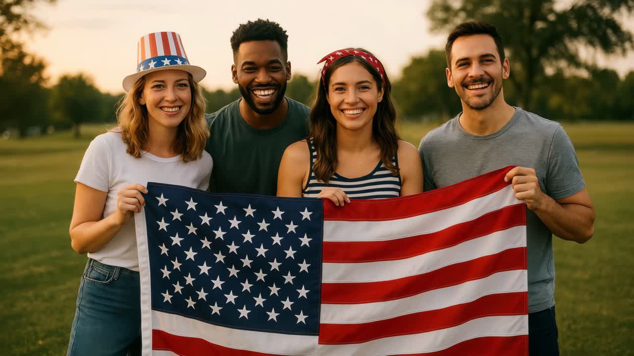 A joyful group of friends holding an American flag outdoors