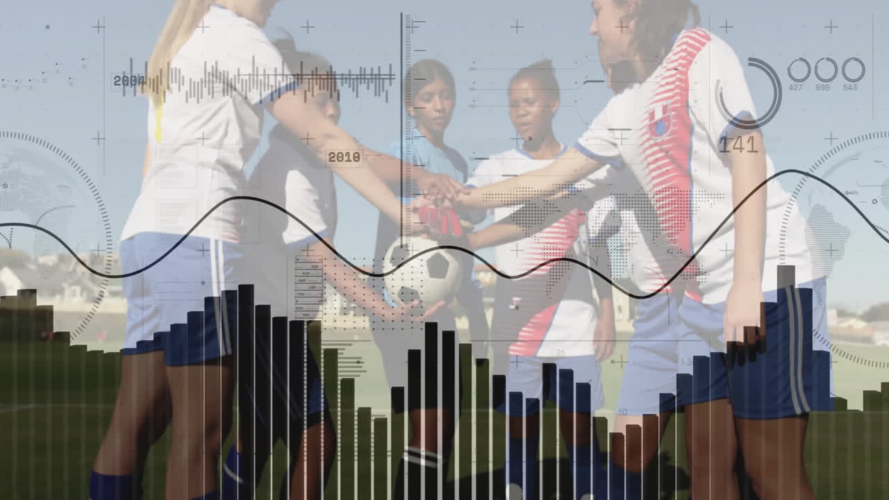 Women soccer players shaking hands with data analytics animation overlay