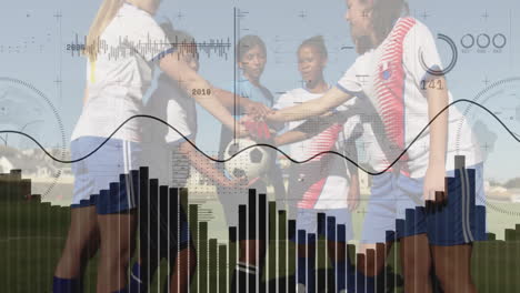 women soccer players shaking hands with data analytics animation overlay