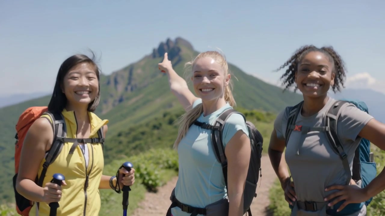Tre donne che fanno escursioni avvistano una cima rocciosa, camminano su un sentiero e posano con attrezzatura da trekking, con zaini e bastoncini.