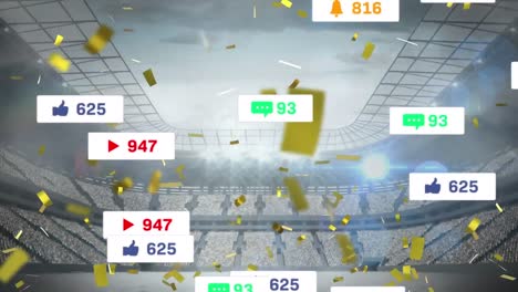 animation of multiple media icons and golden confetti falling against sports stadium