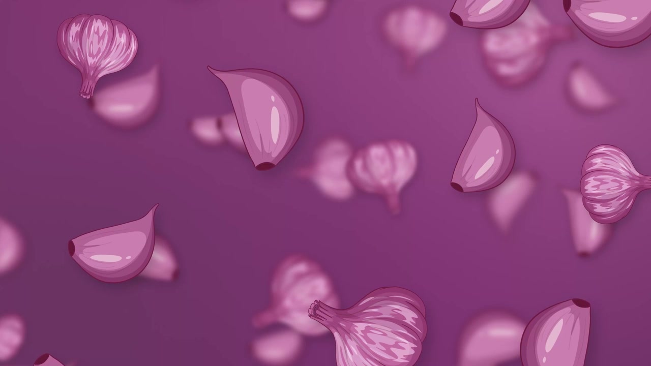 Stylized purple garlic bulbs and cloves fall slowly against a solid purple mesh background.