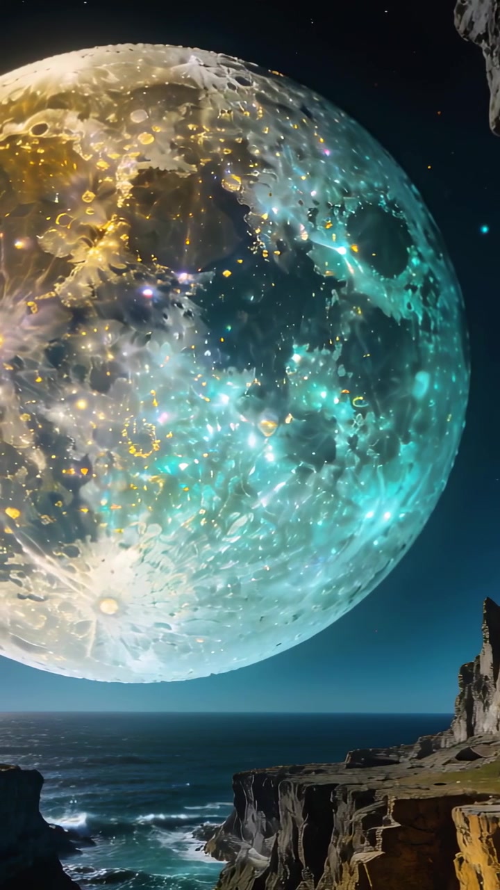 Vertical video: Shifting moon sphere releasing teal and gold shimmer over coastal cliffs at night