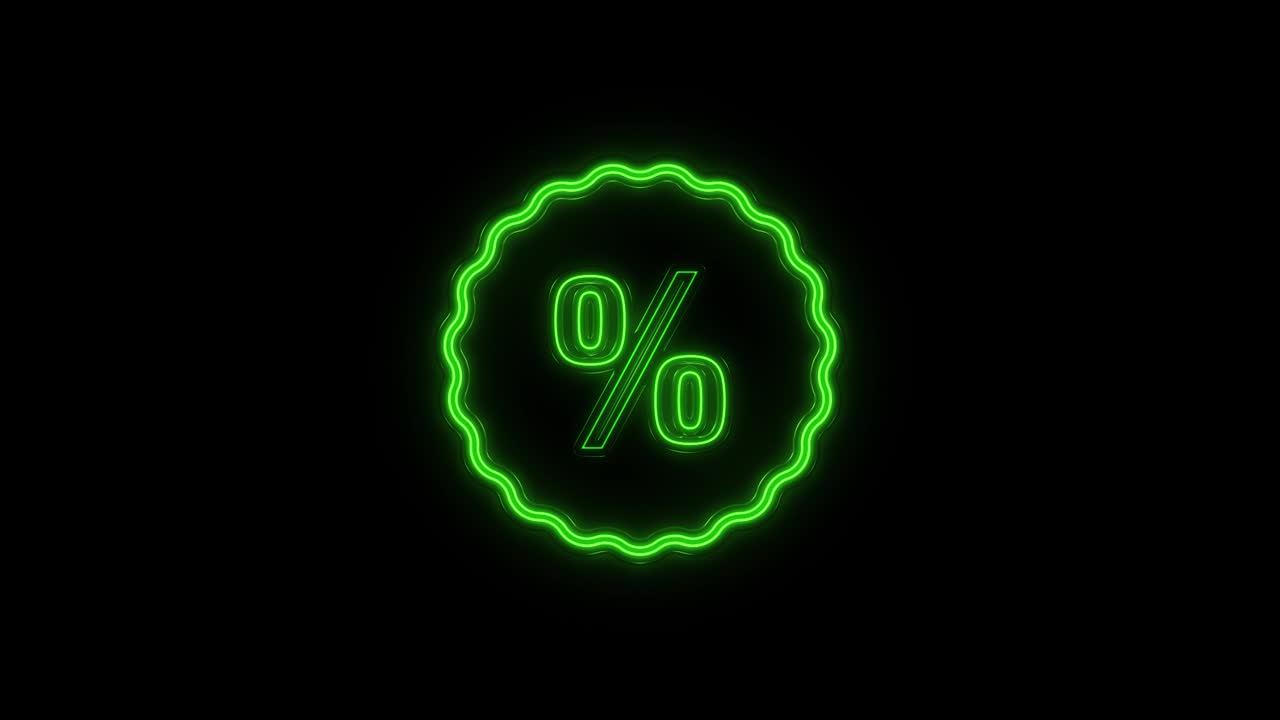 línea de neón brillante descuento porcentaje icono de etiqueta aislado en fondo negro. signo de etiqueta de compras. señal de oferta especial. símbolo de cupones de descuento. 4k