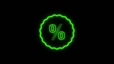 línea de neón brillante descuento porcentaje icono de etiqueta aislado en fondo negro. signo de etiqueta de compras. señal de oferta especial. símbolo de cupones de descuento. 4k