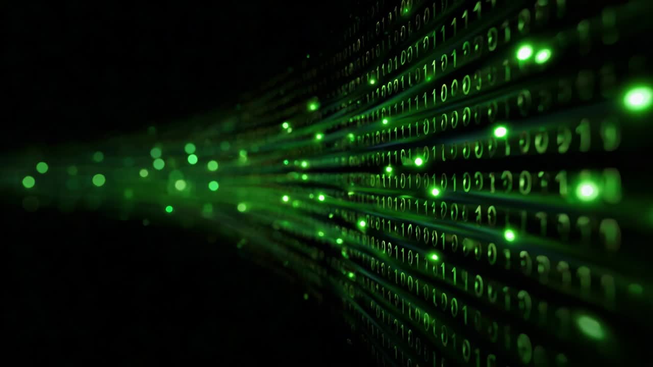 A mesmerizing view into a digital realm where streams of binary code flow seamlessly in vibrant green hues against a dark backdrop, representing the essence of data transmission and information technology
