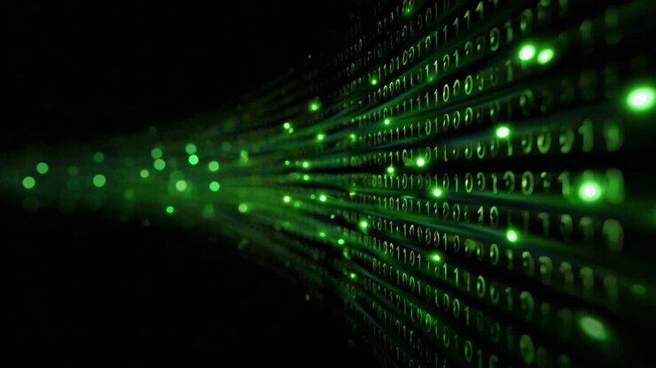 A mesmerizing view into a digital realm where streams of binary code flow seamlessly in vibrant green hues against a dark backdrop, representing the essence of data transmission and information technology