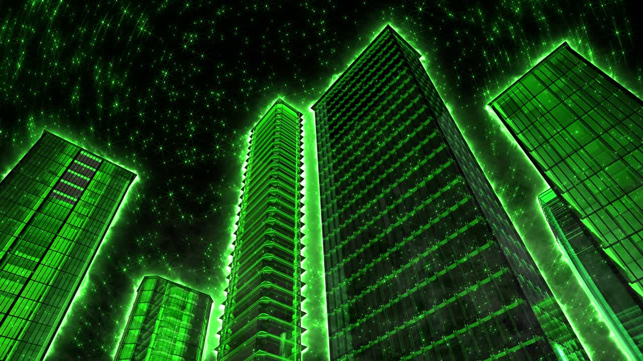 rascacielos verdes contra un cielo estrellado giratorio.