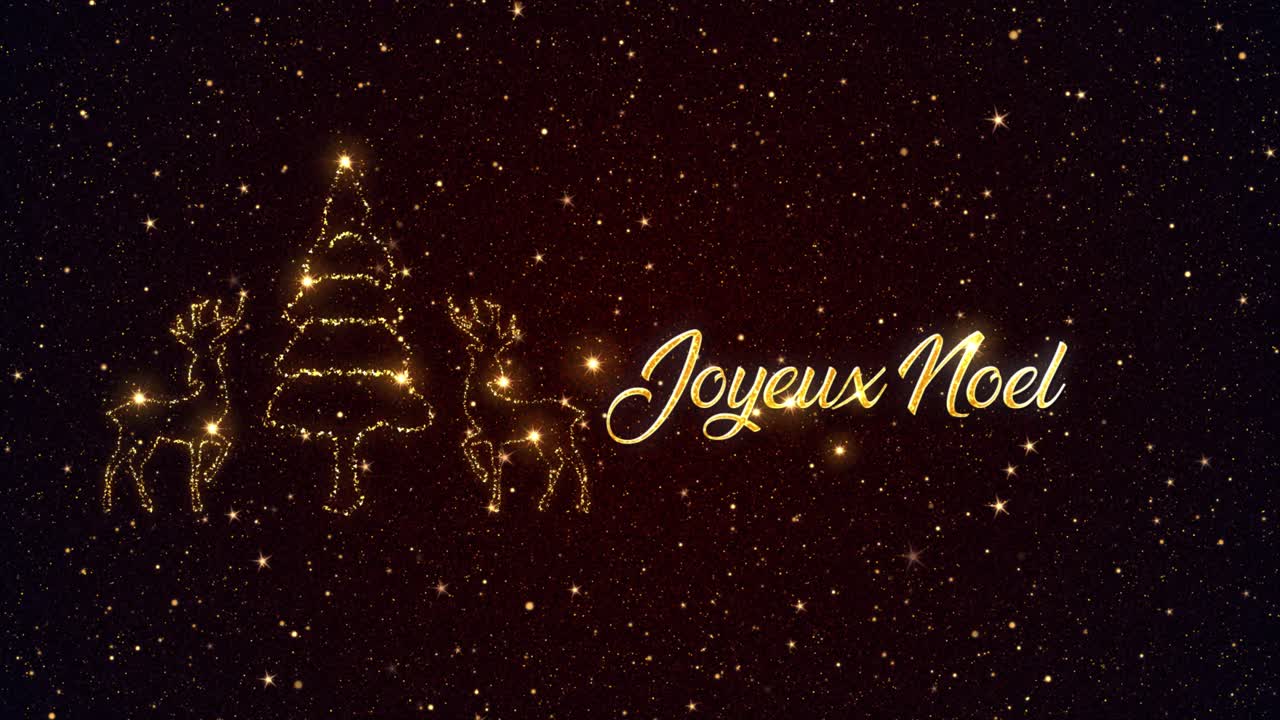 hermoso gráfico de movimiento animado de temporada de renos y árboles de navidad representados en partículas brillantes sobre un fondo estrellado, con el mensaje de temporada "joyeux noel" que aparece