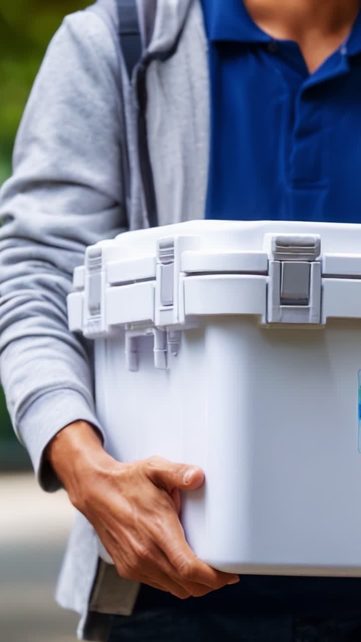 Una persona sostiene un contenedor blanco portátil mientras lleva una sudadera gris en un entorno natural exuberante, lista para una aventura o tarea de organización