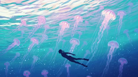 a serene underwater journey through a sea of ethereal jellyfish, showcasing the beauty of marine life and the tranquility of deep waters