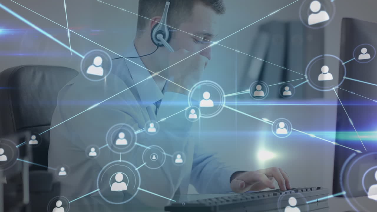 Animazione di una rete di connessioni con icone su un uomo d'affari caucasico in ufficio.