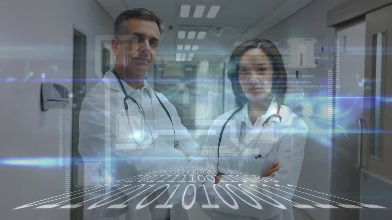 animación del procesamiento de datos sobre diversos médicos sonriendo