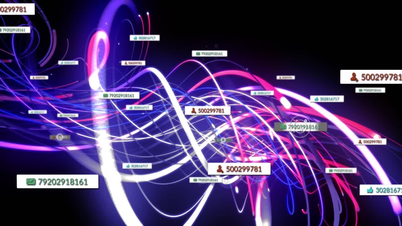 검은 바탕의 분홍색과 파란색 선 위에 소셜 미디어 반응의 애니메이션