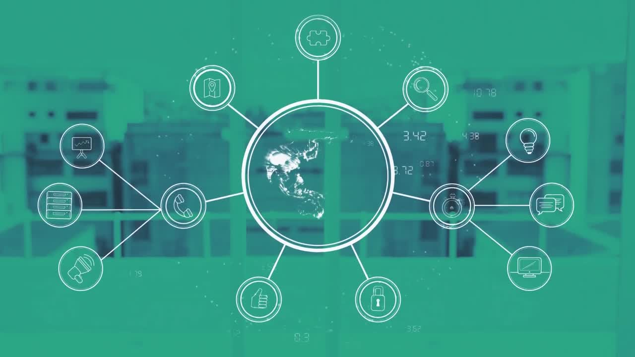 아이콘과 데이터 처리와 함께 디지털 인터페이스의 애니메이션. 글로벌 컴퓨터 네트워크 기술 co