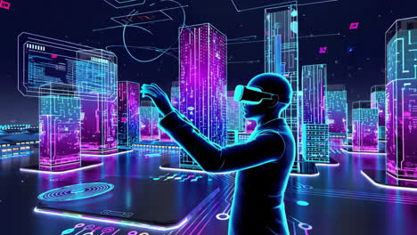 a person interacting with a futuristic virtual reality cityscape