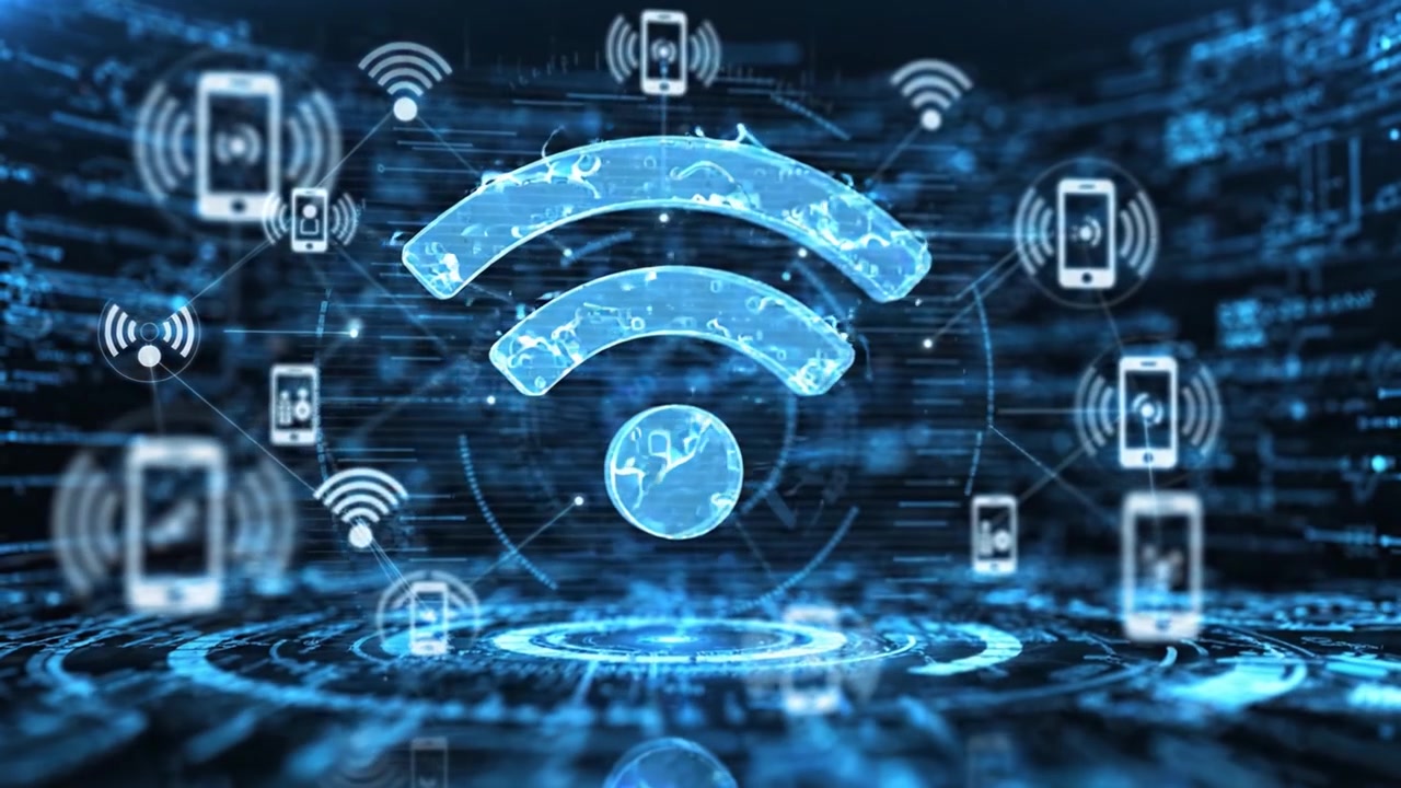 En Visuelt Slående Overgang fra Digital Datavisualisering til Repræsentation af Trådløs Forbindelse, der Viser Udviklingen af Moderne Teknologi