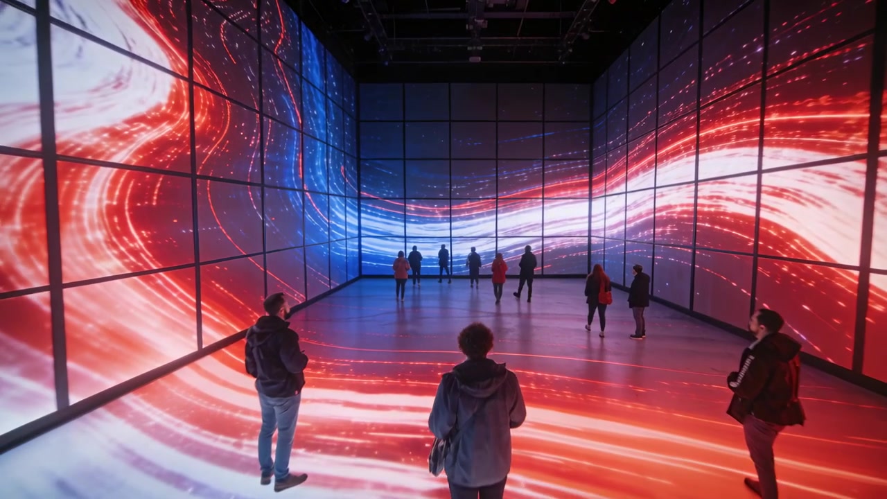 Suivant des visuels LED fluides, des visiteurs vêtus de vestes et munis de sacs marchent vers le mur du fond d'une galerie.