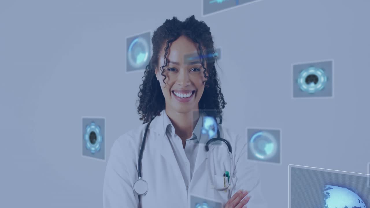 Animazione di elaborazione dati su sfondo di dottoressa birazziale sorridente