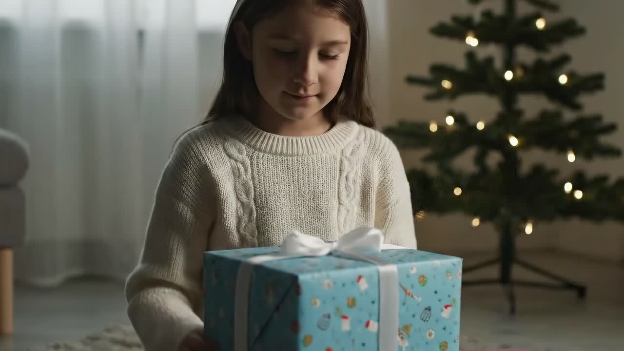 A cozy video scene of a child opening a gift, captured from a low angle near a lit tree