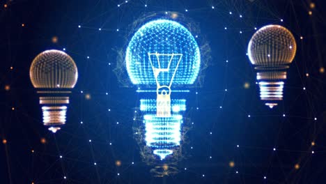 Animation of light bulbs spinning with network of connections on blue background