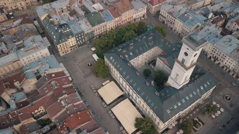 Aerial-drone-footage-of-european-city-Lviv,-Ukraine.-Flight-above-popular-ancient-part-of-old-town