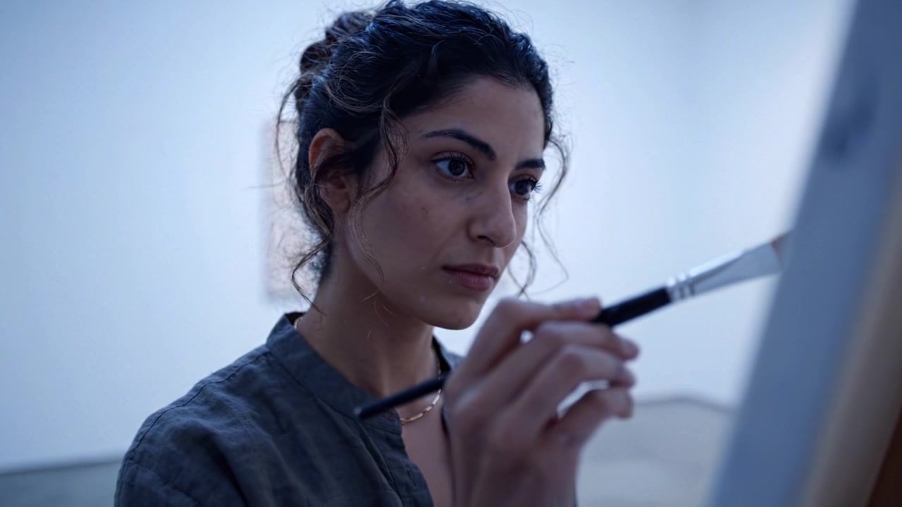 A solitary moment of creativity captured as an artist focuses intently on her canvas, brush in hand, surrounded by a modern gallery filled with abstract art.