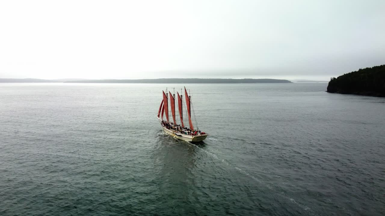 네 개의 바이킹 스타일의 세일이 물 배를 항해하고 있습니다.