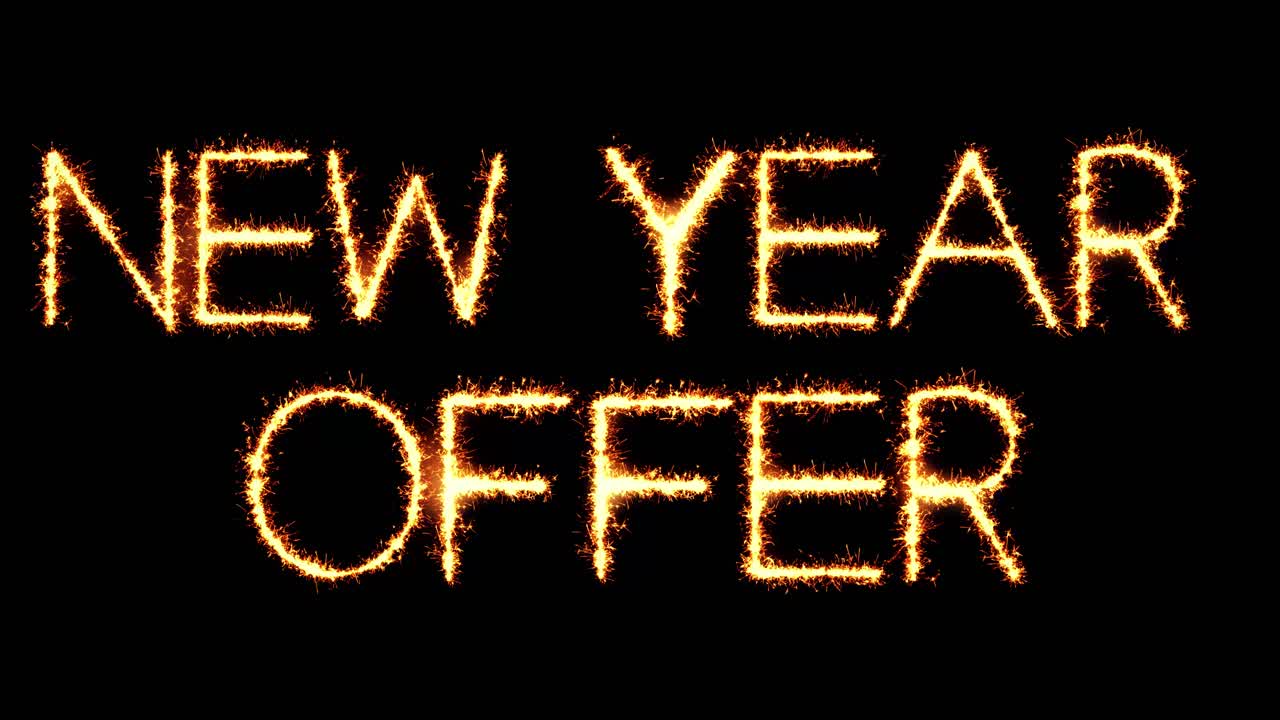 New year offer text sparkler writing with glitter sparks particles firework on black 4k loop