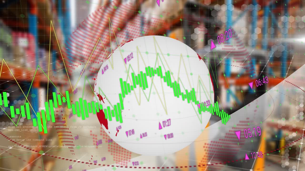 Küre ve deponun üzerinden finansal veri işleme animasyonu.