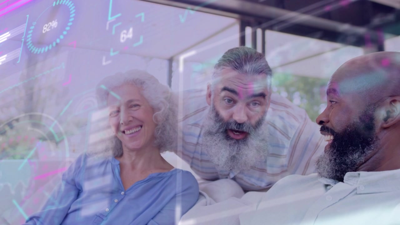 Uomo barbuto che si sporge, avviando una conversazione con una coppia seduta, con un HUD tecnologico che mostra gesti e quadranti
